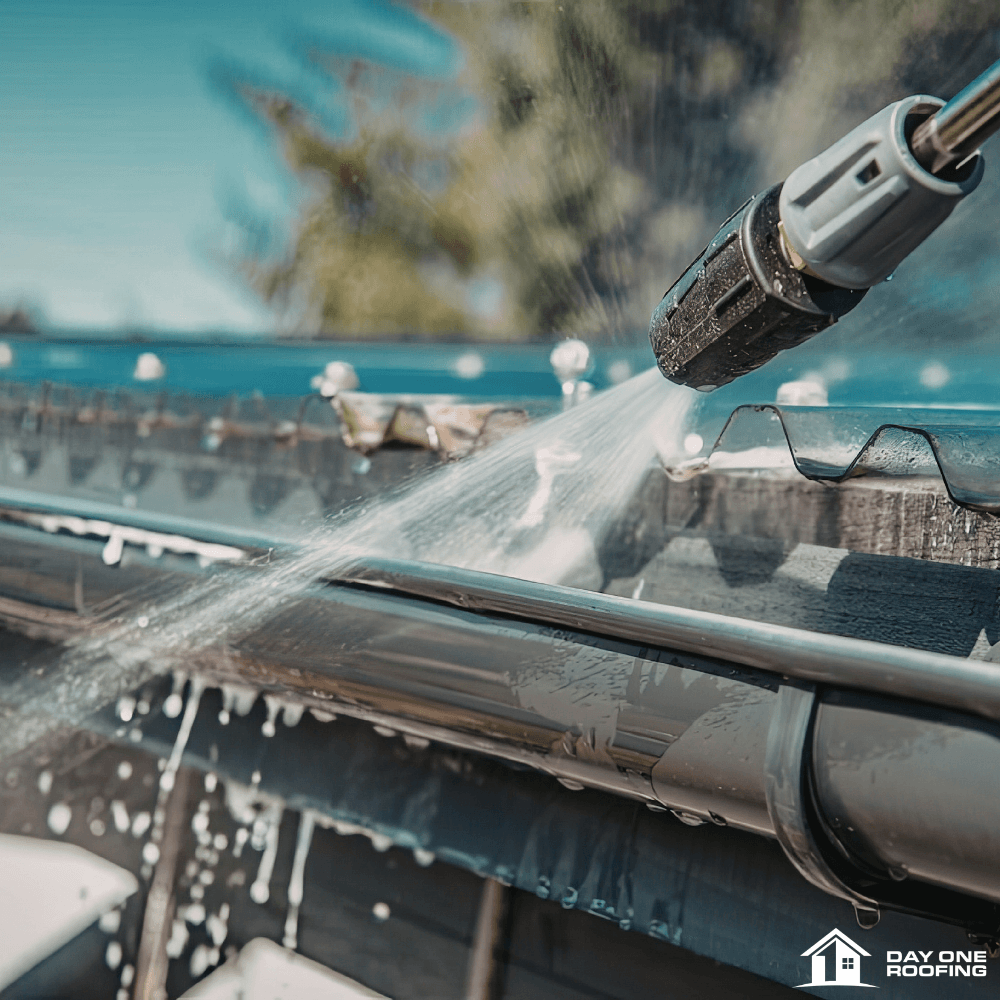 Gutter cleaning in progress, clearing debris from a home's gutters
